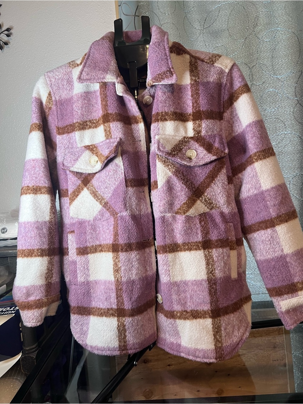 Blank NYC Lavender, White & Brown Plaid Teddy Shacket